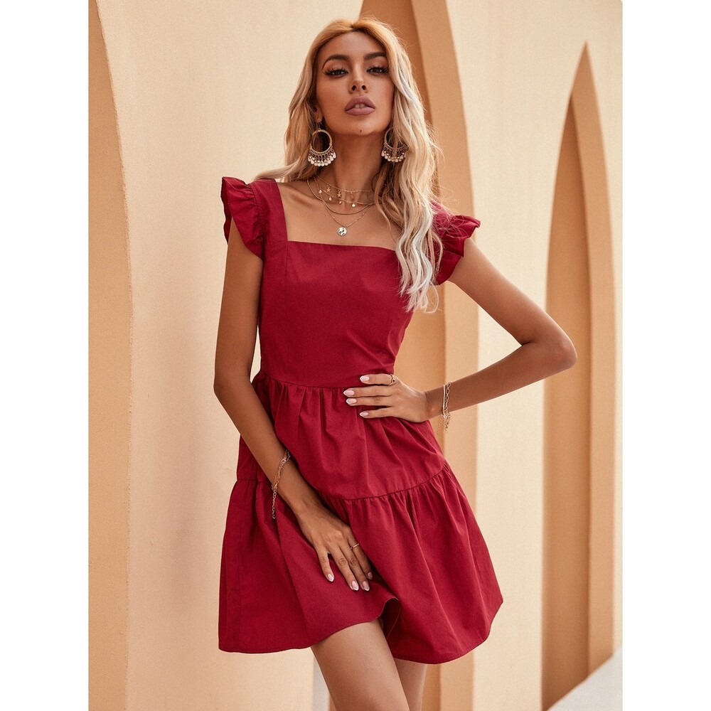 Square Neck Sleeveless Red Ruffle Hem Dress Sz L
